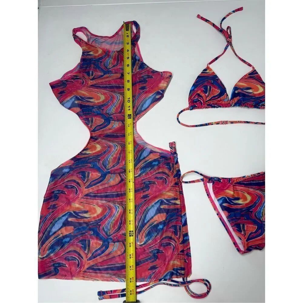 Fluid Print Triangle Halter Tie Strap Backless Bikini Set Cut Out Tie Side Sz S - Picture 14 of 16